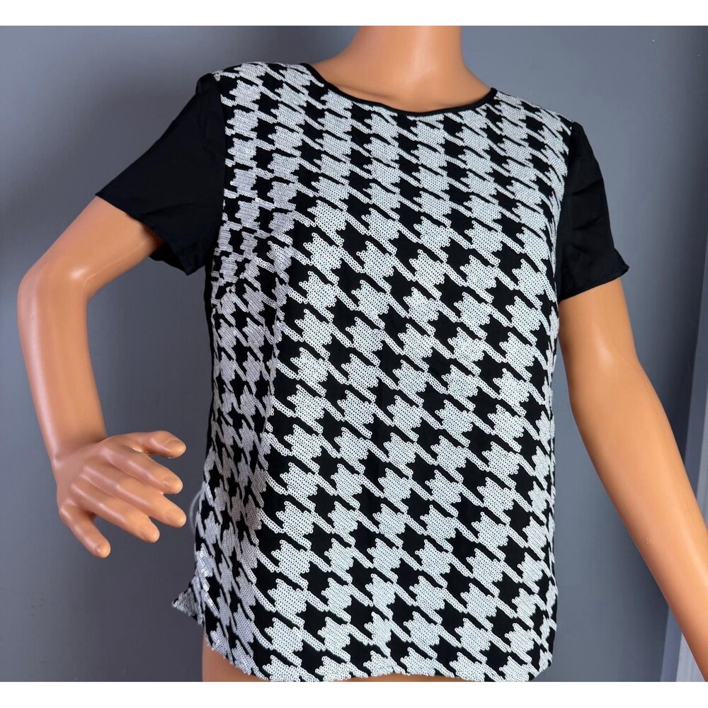 Talbots Sequin Top NWT Size 4 Black White Houndstooth Short Sleeve Blouse Party.